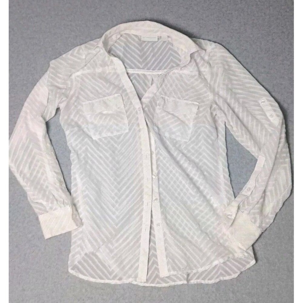 New York And Company Long Sleeve Sheer Button Up Blouse Womens Size Large White